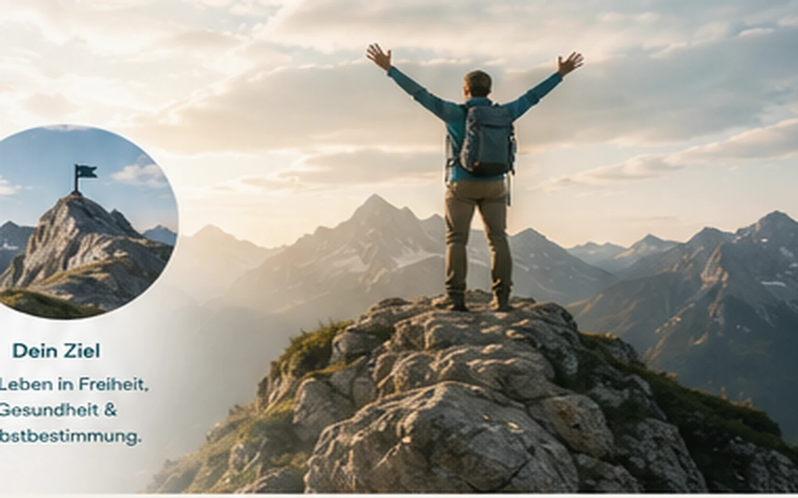 Mensch auf einem Berggipfel als Symbol für Zielerreichung